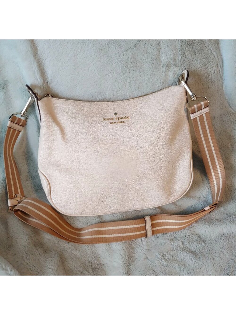 Kate Spade New York Cream Pebbled Leather Crossbody Hobo Bag Striped Strap